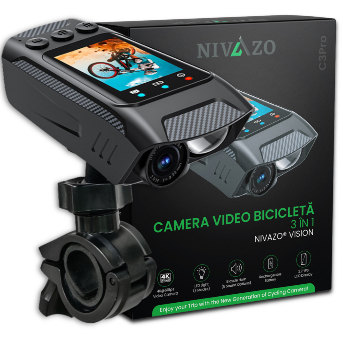 Cameră video de bicicletă 3 în 1 Nivazo Vision, IPS 2", 2500mAh