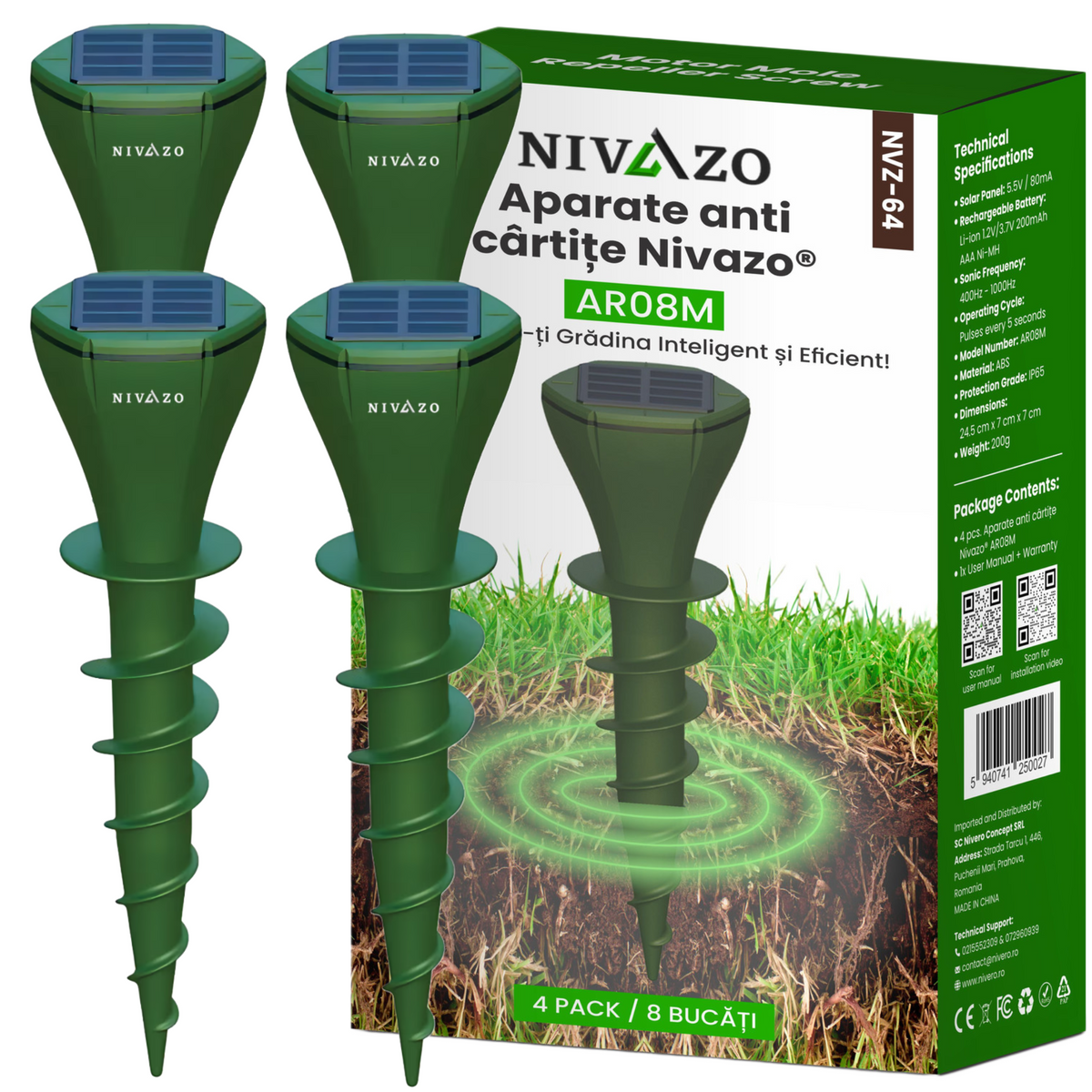 Set 2 aparate anti-cârtițe Nivazo AR08M, 3 moduri, 350 m², solar
