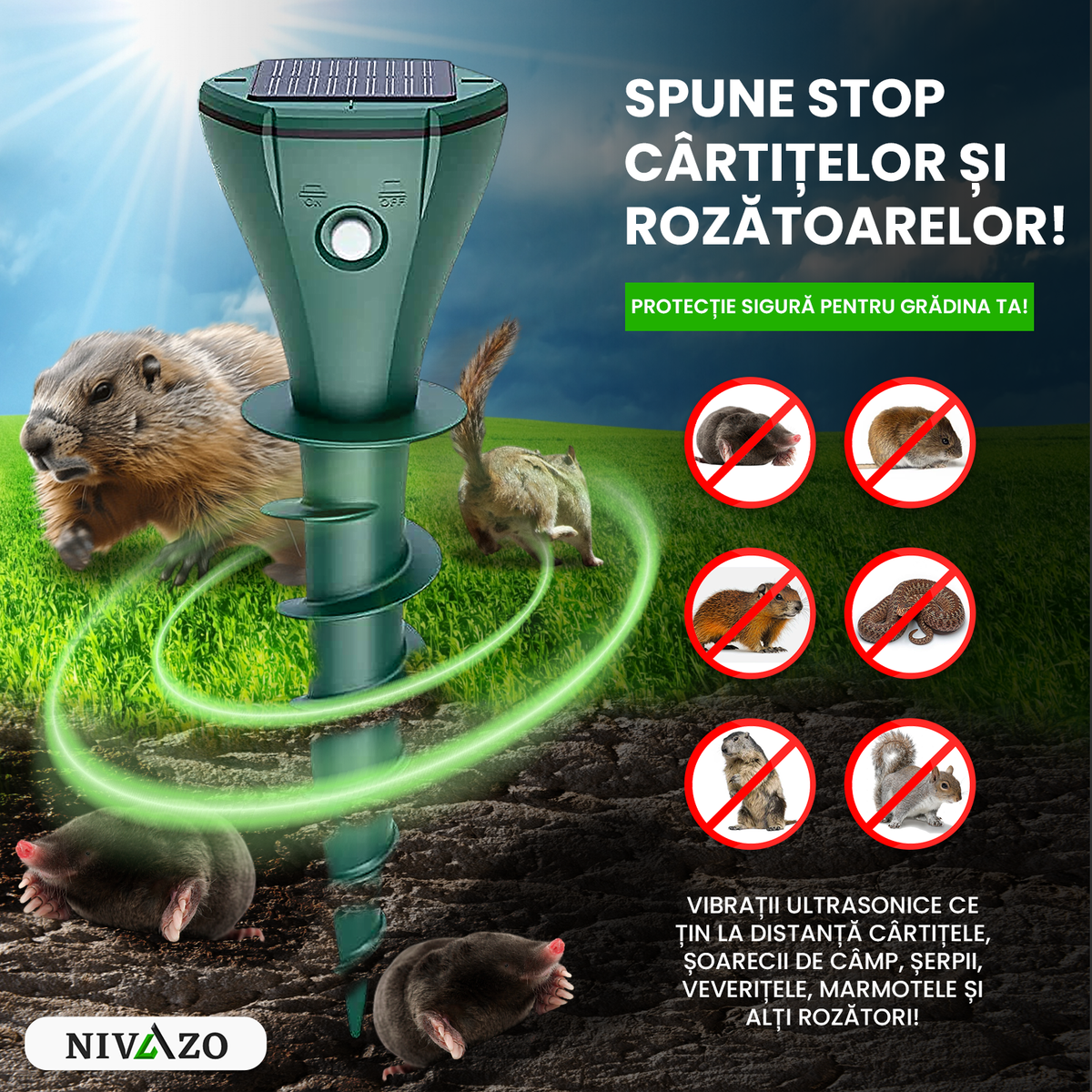 Set 2 aparate anti-cârtițe Nivazo AR08M, 3 moduri, 350 m², solar