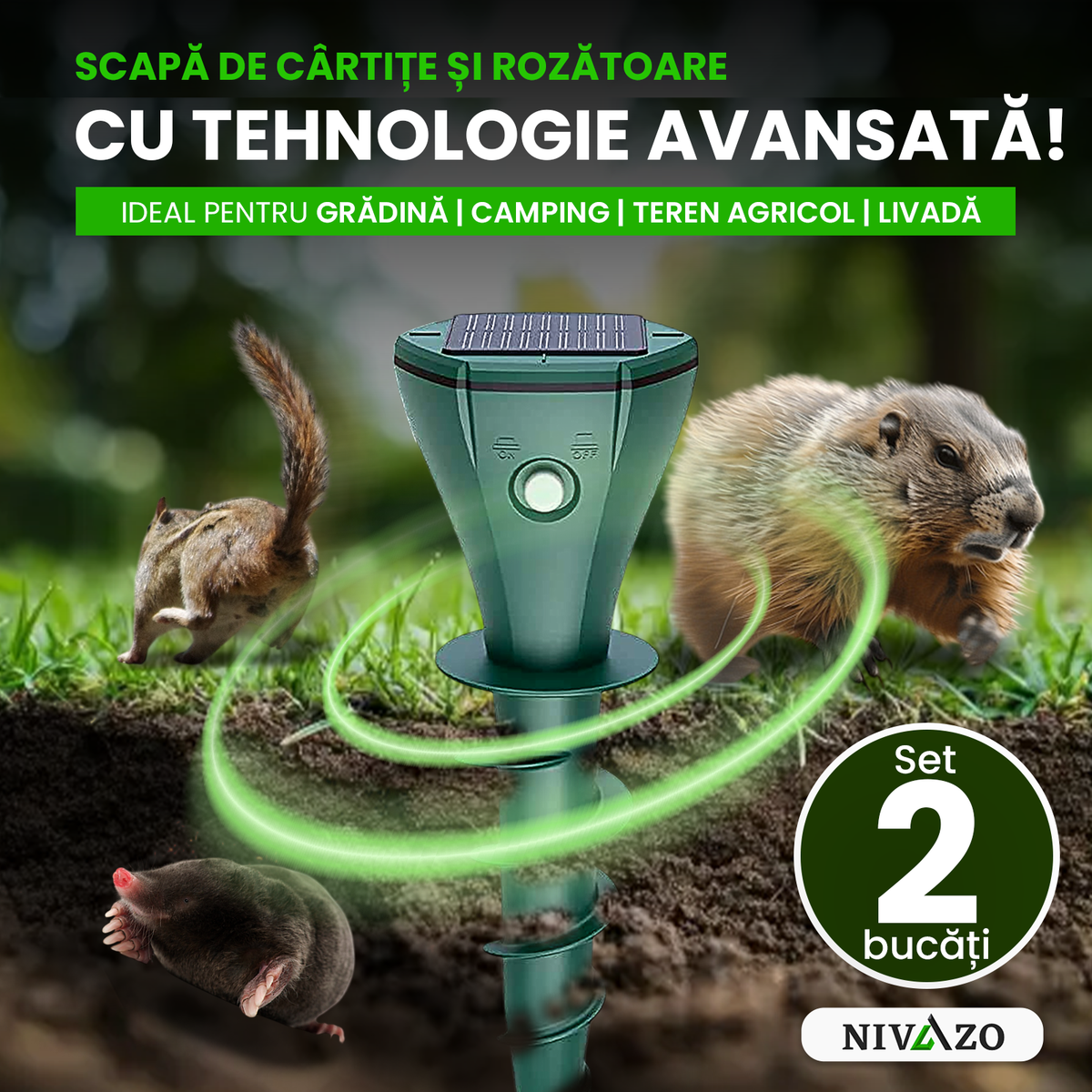 Set 2 aparate anti-cârtițe Nivazo AR08M, 3 moduri, 350 m², solar