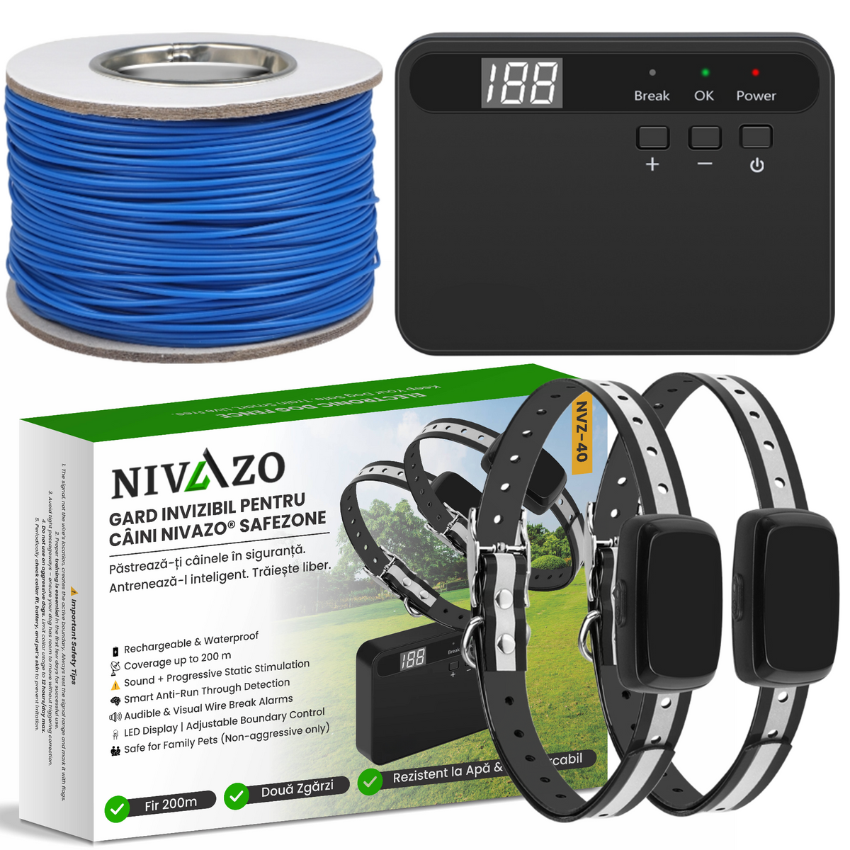Gard invizibil Nivazo SafeZone, 2 zgărzi, 5000 mp, cablu 200 m